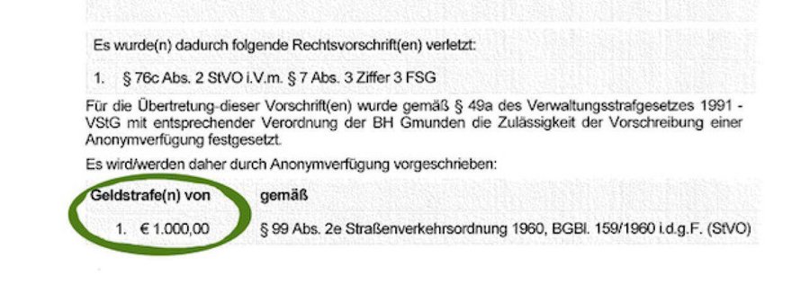 BH Gmunden verschickte "falsche" 1.000 €-Strafen